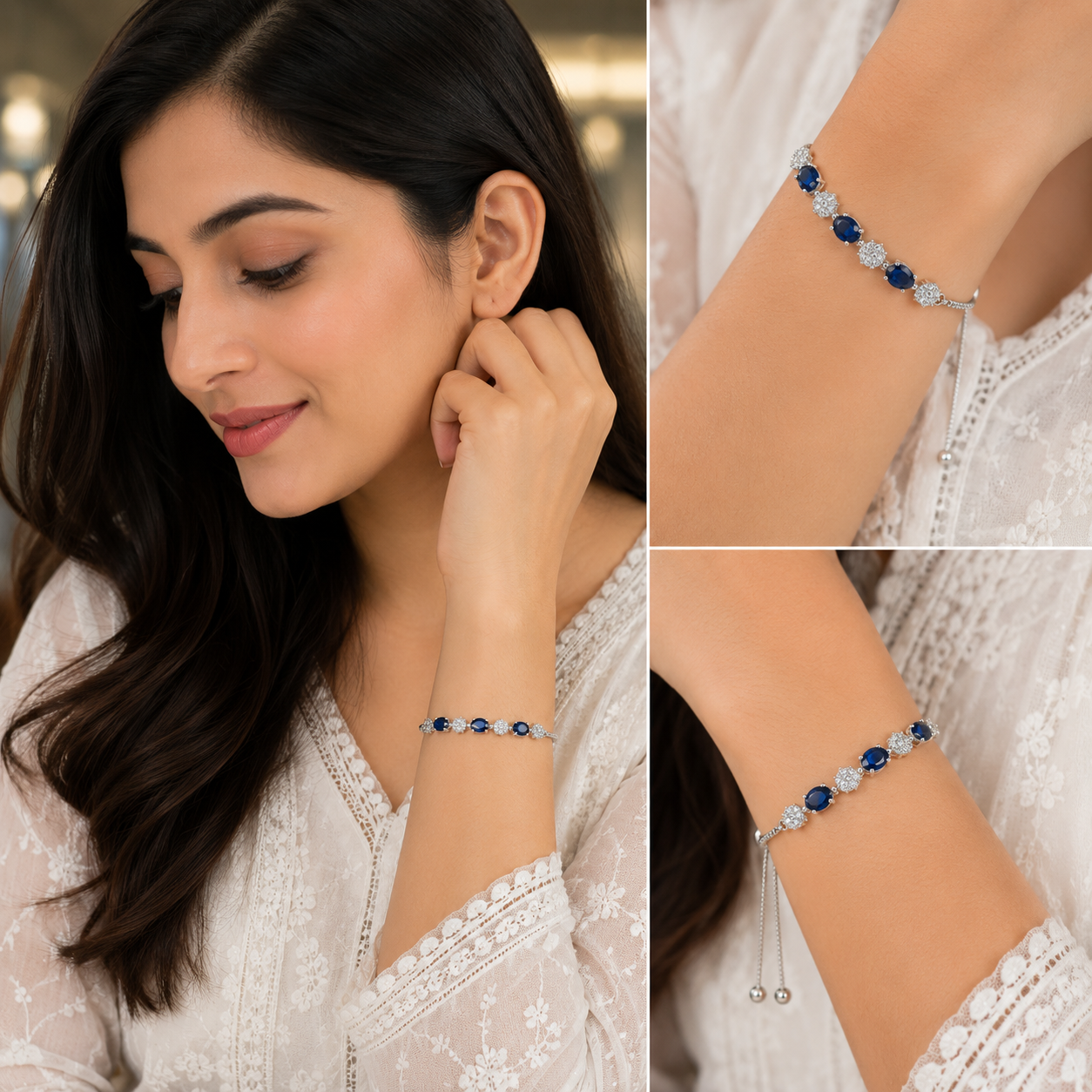 Silver Blue Sapphire & Cubic Zirconia Adjustable Bracelet